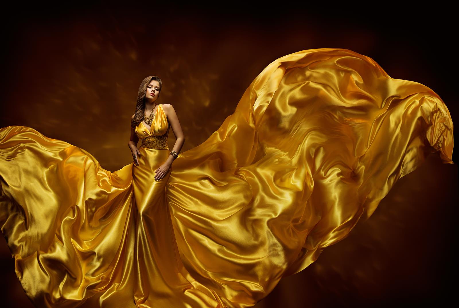 Fashion Model Woman Dress, Lady In Fluttering Silk Beauty Gown, Beautiful Fabric Waving On Wind
