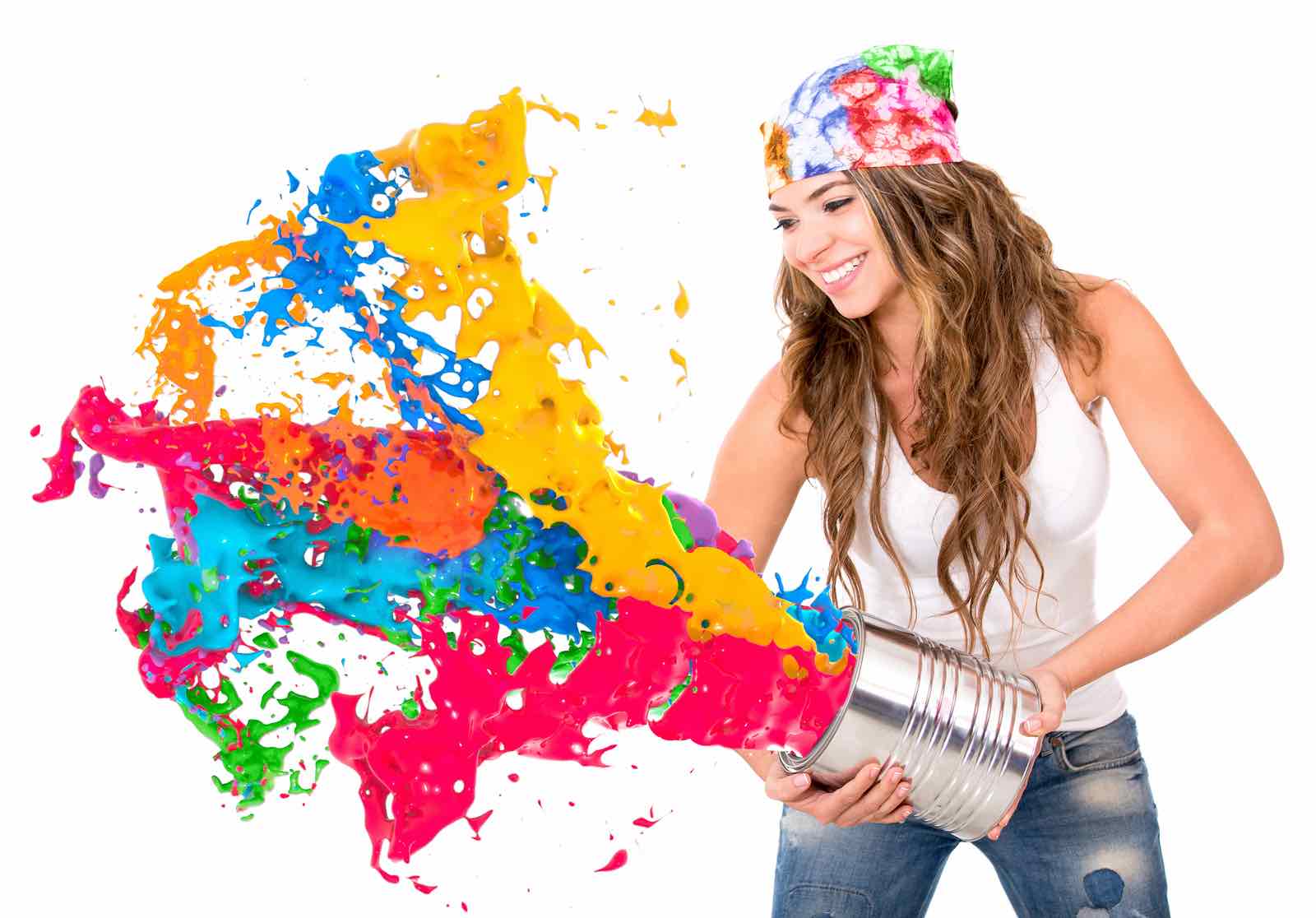 Woman splashing colorful paint from a can - isolated over white background