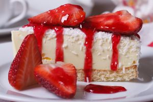 Dessert Cheesecake With Fresh Strawberries Closeup. Horizontal