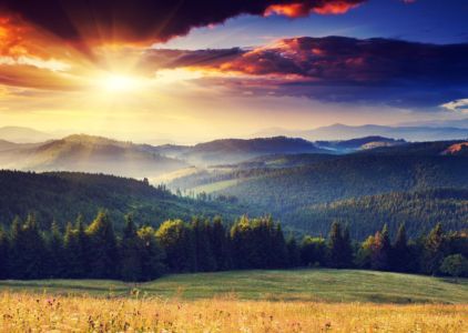 Majestic sunset in the mountains landscape. Dramatic sky. Carpathian, Ukraine, Europe.