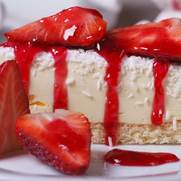 Dessert Cheesecake With Fresh Strawberries Closeup. Horizontal